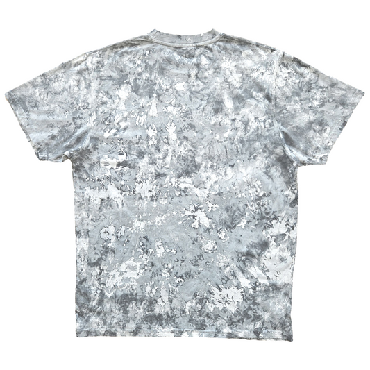 graphite grey black marble dyed unisex t-shirt back view
soft cotton marble tee in Graphite grey black tone on tone color
unisex marble dyed t-shirt detail view